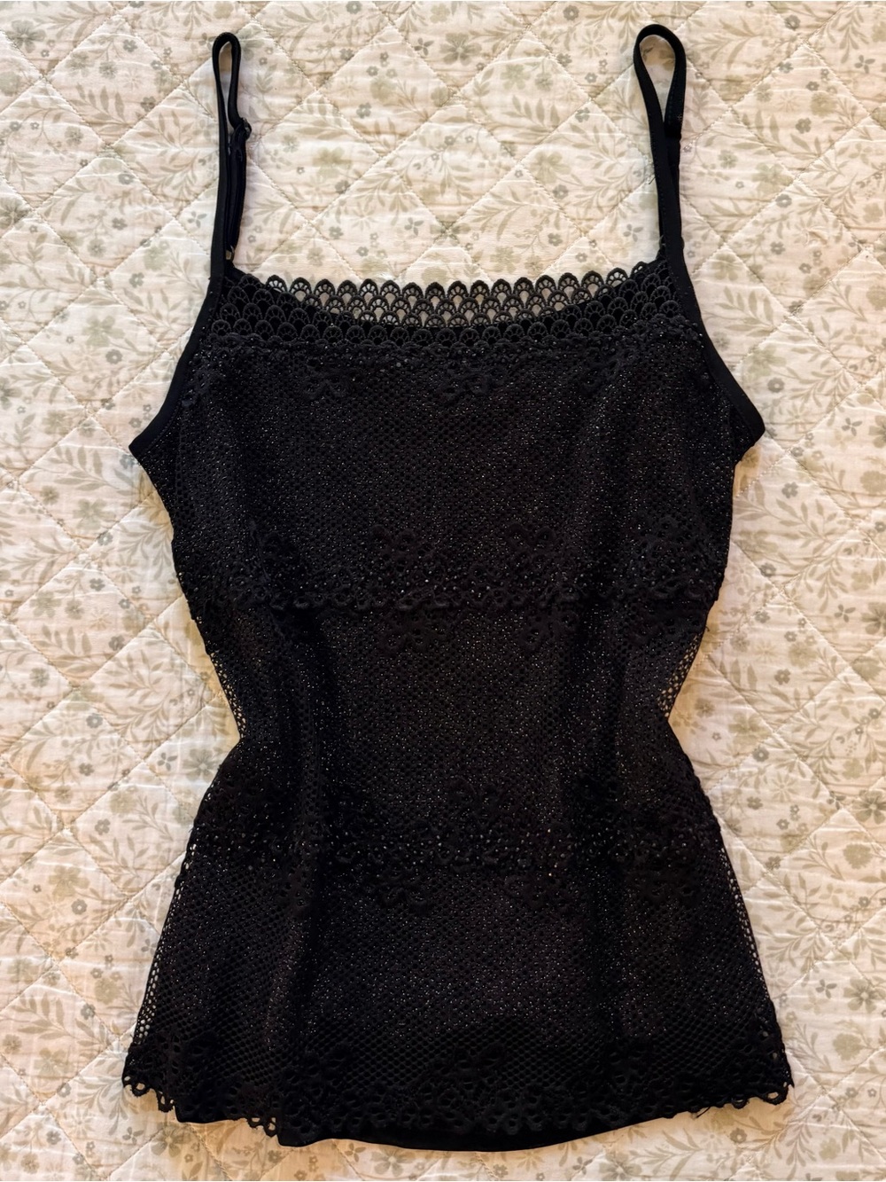 Y2k black lace sparkly and beaded cami top with adjustable straps